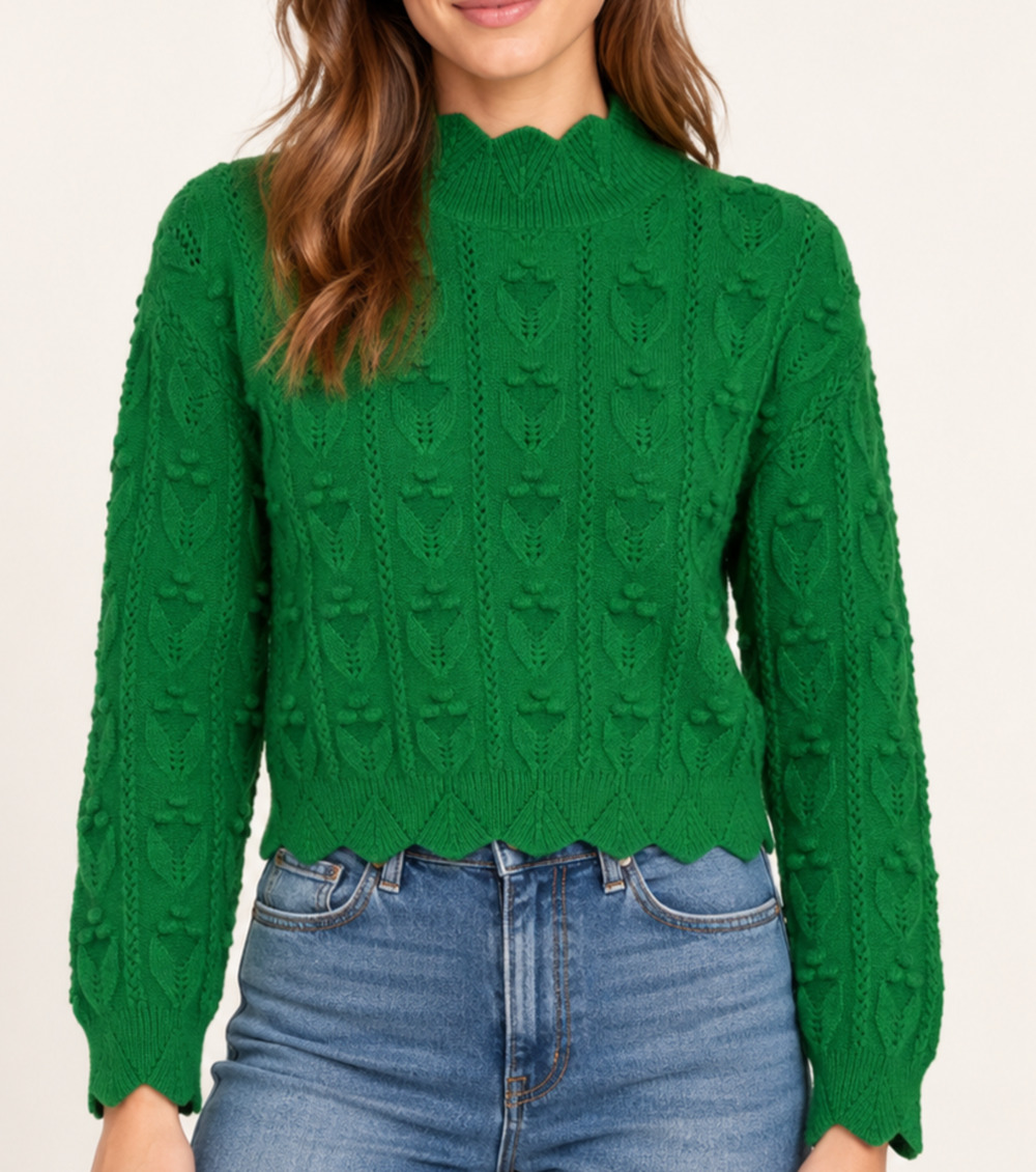 CIDER S Tractor Kelly Green Textured High Neck Scalloped Crop Sweater Pointelle
